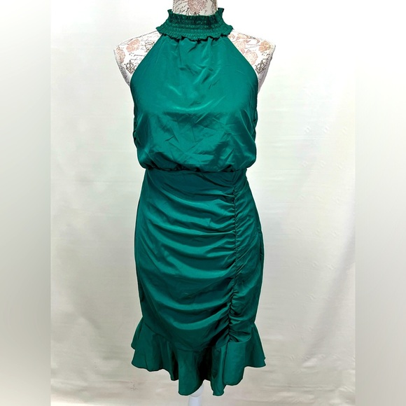 AREA STARS Forest green high neck ruched mini‎ dress size M. - Picture 4 of 16